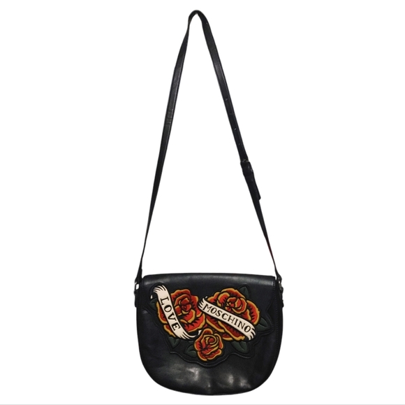 Love Moschino Black Leather Rose Tattoo Style Crossbody Saddle Bag Handbag Purse - Picture 7 of 7
